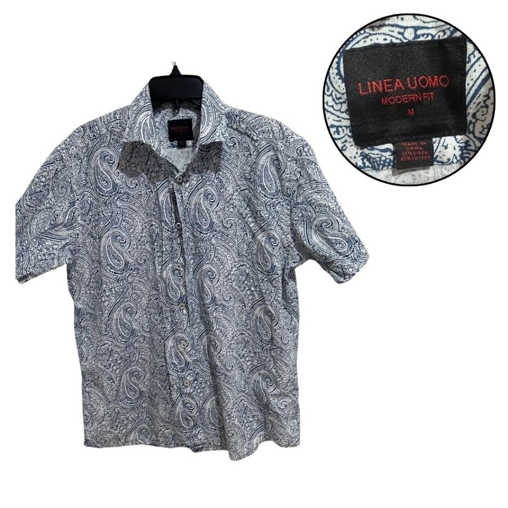 Linea Uomo Men’s M Blue White Paisley Short Sleeve Button-Up Modern Fit Shirt